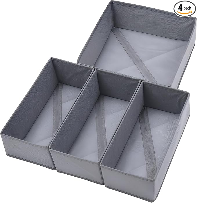 Bructhun Foldable Fabric Drawer Organizer Set 4 Pack Dresser Dividers - Sock Underwear Storage Bins (Gray, 1L+3S)