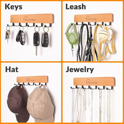 Wooden Key Holder with Metal Hooks,No Drill Adhesive & Screws, Wall Mount Entryway Organizer for Keys, Coats, Hats, Rustic Farmhouse Wall Decor for Hallway, Apartment (1, Natural)