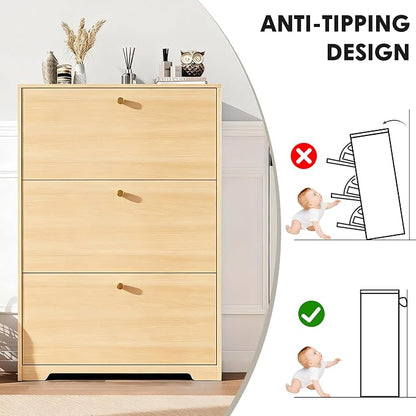 Nicetree Shoe Cabinet with 3 Flip Drawers，Freestanding Shoe Storage Cabinet, Narrow Shoe Organizer Cabinet, Farmhouse Slim Shoe Rack Cabinet for Entryway,Natural Oak with Hook