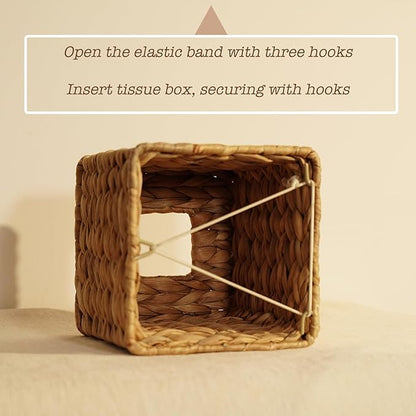 Set of 2 Water Hyacinth Handwoven Tissue Box Cover, Natural Handmade Wicker Napkin Box Holder, Handcrafted Square Facial Tissue, Rustic Decorative on Table and Bathroom, Office, Boho Decorative