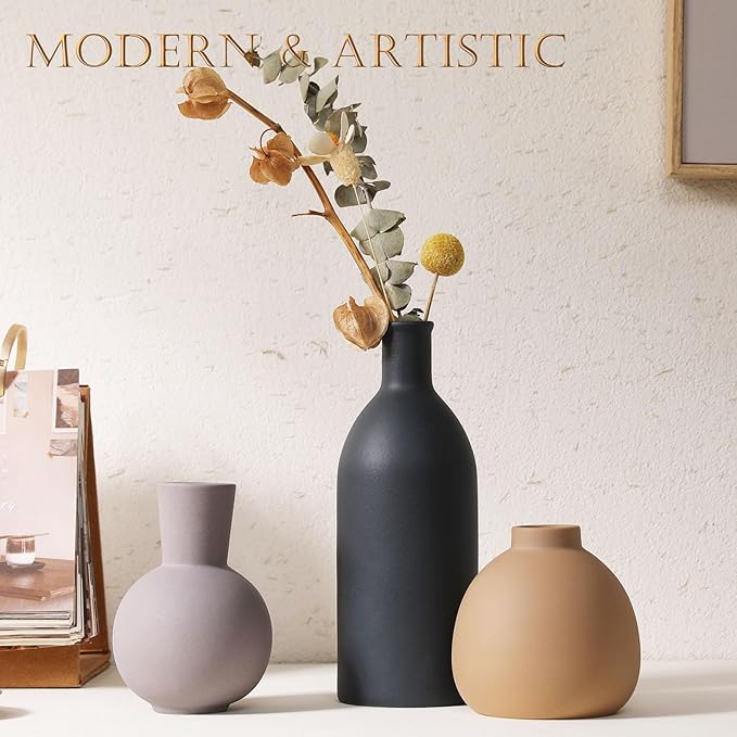 Ceramic Vase Set of 3 - Handcrafted Ceramic Vases for Home Decor & Shelf - Modern Farmhouse Decor for Kitchen, Office, Bedroom & Living Room Decorative Objects for Mantel, Table Centerpieces