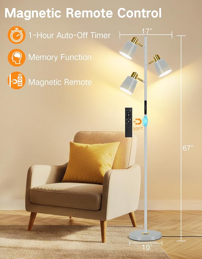 OUTON LED Tree Floor Lamp, Modern Dimmable Standing Lamp with Remote & Touch Control, 4 Color Temperatures, 3 Rotatable Lights Floor Lamps for Living Room, Bedroom, Office, Grey & Gold