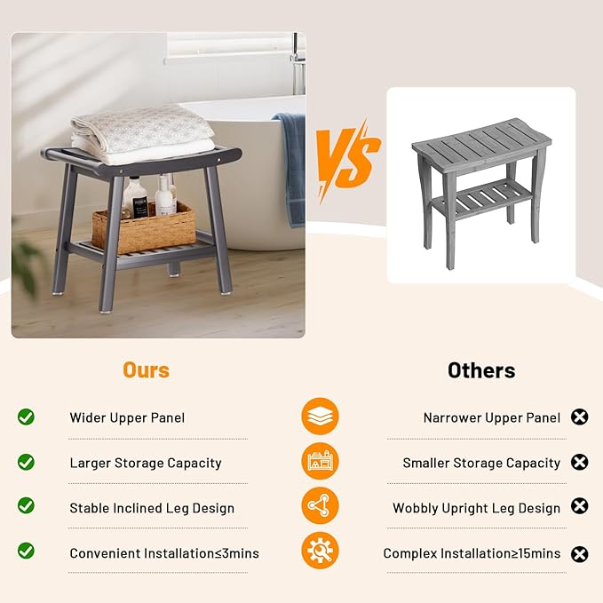 Bamboo Shower Bench Stool, Shower Chair for Inside Shower with 2-Tier Storage Shelf, Waterproof Shower Seat for Shaving Legs, Spa Bathroom Shower Bench-Grey