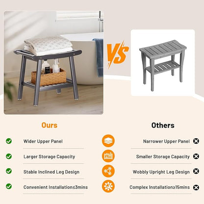 Bamboo Shower Bench Stool, Shower Chair for Inside Shower with 2-Tier Storage Shelf, Waterproof Shower Seat for Shaving Legs, Spa Bathroom Shower Bench-Grey