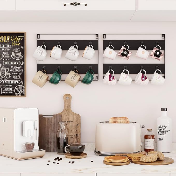 IBUYKE Mug Racks for Wall,Set of 3, 24-Hook Large Coffee Mug Holder Wall Mounted, Rustic Wood Coffee Mug Rack Display Organizer for Kitchen, Home,Bar,Black TBJ005B-3