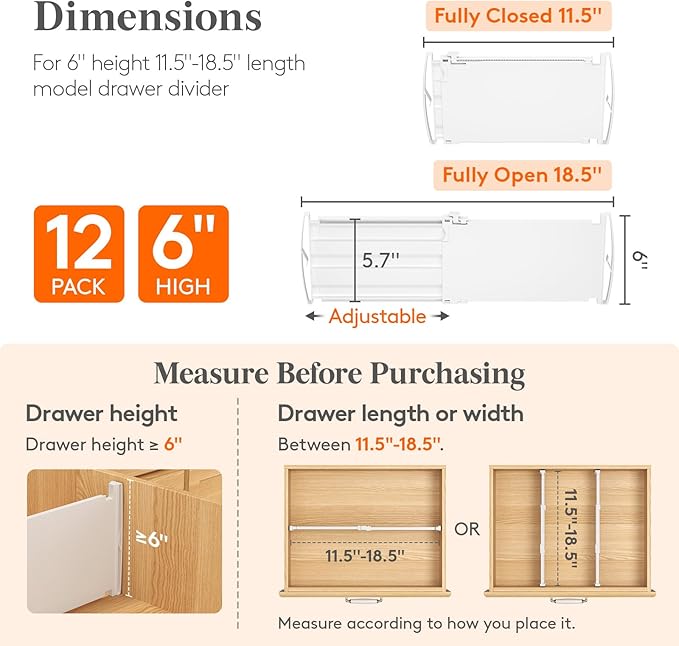 Lifewit 6" Tall 12 Pack Drawer Dividers, 11.5"-18.5" Adjustable Deep Drawer Organizer Clothes, Expandable White Plastic Separators for Dresser, Kitchen, Cabinet, Closet, Office Organization & Storage