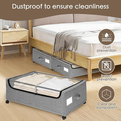 Under Bed Storage with Wheels, 4-Pack Under the Bed Storage Containers with Clear Lids & Label, Underbed Storage Bins, XXXL 85L 11 inches Rolling Metal Drawer for Clothes, Shoes, Toys, Books - Gray