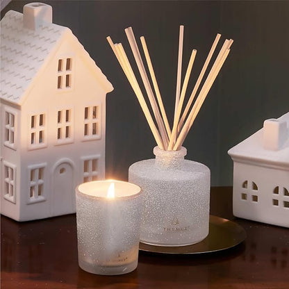 Thymes Frasier Fir Reed Diffuser Set – Includes Reeds, Fragrance Oil, and Frosted Glass Bottle – Fragrance Oil Diffuser – Room Fresheners – Luxury Home Decor – White (Flocked, 4 fl oz)