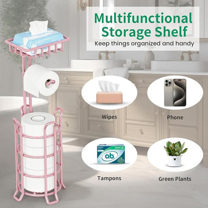 TomCare Toilet Paper Holder Stand with Storage Shelf Tissue Paper Roll Dispenser Free Standing 4 Raised Feet Toilet Paper Storage Metal Bathroom Organizers and Storage, Pink
