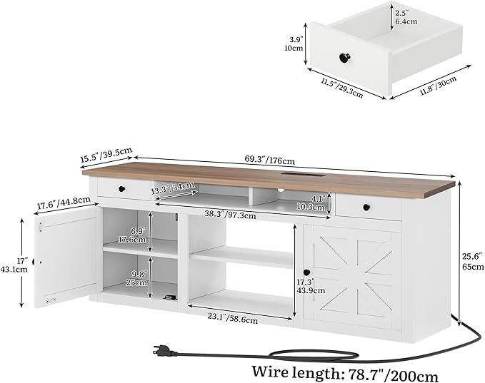 YITAHOME 70" Farmhouse TV Stand for 75/80 Inch TVs, Entertainment Center with Drawers, Adjustable Shelves & Built-in Power Outlet, Stable Anti-Tip TV Console Cabinet for Living Room, White+Walnut Top