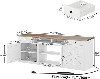 YITAHOME 70" Farmhouse TV Stand for 75/80 Inch TVs, Entertainment Center with Drawers, Adjustable Shelves & Built-in Power Outlet, Stable Anti-Tip TV Console Cabinet for Living Room, White+Walnut Top