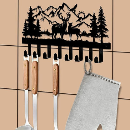 Deer Metal Key Holder for Wall, 14.5" X 8.9", Key Hooks for Wall Organizer, Key Rack, Forest Theme Coat Hat Towel Hooks, Ideal for Living Room, Hallway, Office