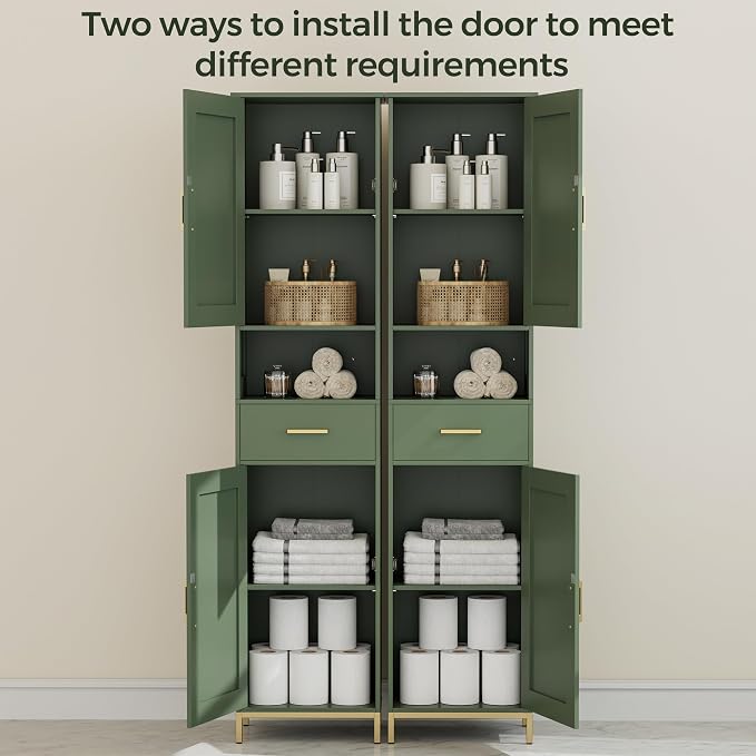 Homhedy 67" H Bathroom Storage Cabinet, Tall Storage Cabinet with Adjustable Shelves, Freestanding Cabinet with Doors and Drawer, Narrow Cabinet for Bathroom, Living Room, Kitchen, Dining Room, Green