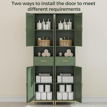 Homhedy 67" H Bathroom Storage Cabinet, Tall Storage Cabinet with Adjustable Shelves, Freestanding Cabinet with Doors and Drawer, Narrow Cabinet for Bathroom, Living Room, Kitchen, Dining Room, Green