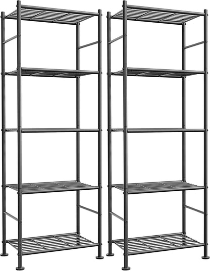 Sakugi Storage Shelves - Set of 2, 5-Tier Metal Shelf Organizer, Space-Saving Garage Shelving with Leveling Feet, Standing Shelves Organizer for Kitchen, Laundry, Pantry (18.4" x 12.6" x 57.4", Black)
