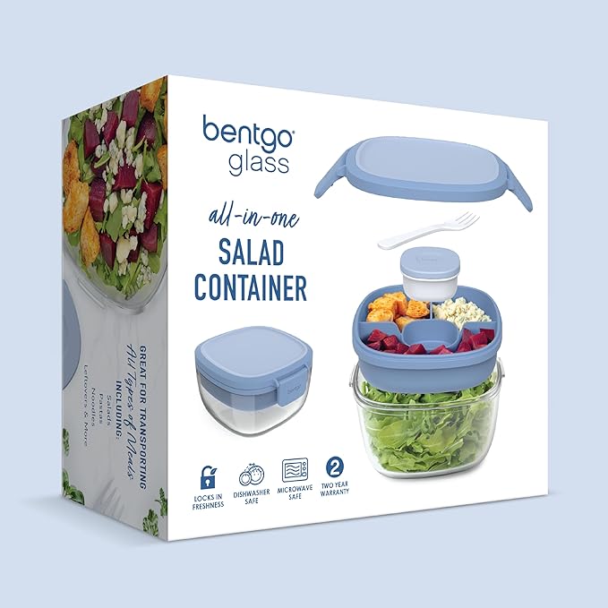 Bentgo Glass Salad Container - 7.6-Cup Salad Bowl with Airtight Lid, Leak-Proof Sauce Container, 4-Compartment Bento Tray & Reusable Fork - BPA-Free for Meal Prep, Office & More (Light Blue)