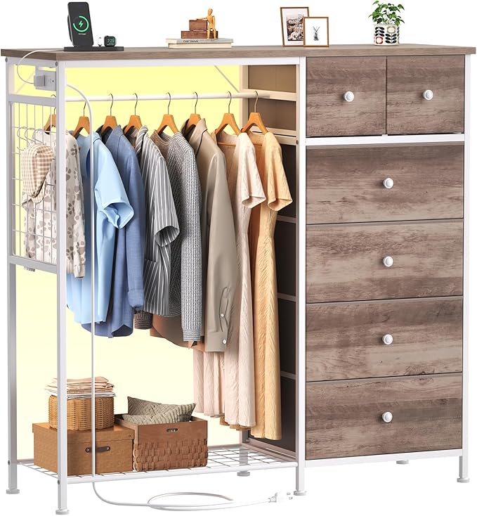 OLIXIS 6 Storage for Bedroom with Hanging Rack with LED Lights & Charging Station, Fabric Chest of Storage with Rack, Wooden Top, for Home Living Room Entryway Brown