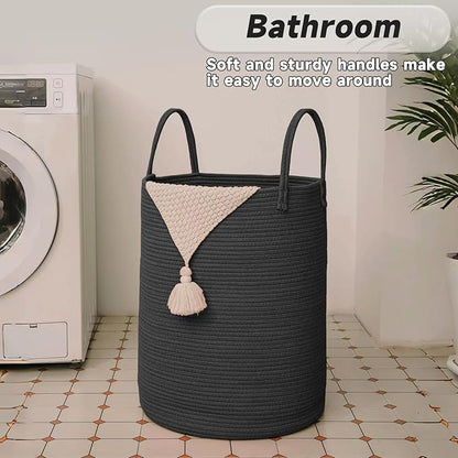 JMvicyroam Large Woven Laundry Basket Hamper,100L Cotton Rope Storage Bin for Blankets,Toys and Clothes,Decorative Tall Nursery Hamper for Living Room,Baby Nursery,Bathroom and Bedroom,Black