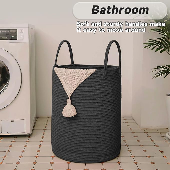 JMvicyroam Large Woven Laundry Basket Hamper,80L Cotton Rope Storage Bin for Blankets,Toys and Clothes,Decorative Tall Nursery Hamper for Living Room,Baby Nursery,Bathroom and Bedroom,Black