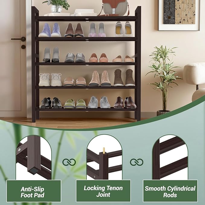 Haddockway Bamboo Shoe Rack for Closet, Free Standing Shoe Organizer with Smooth Round Rods & Convenient Handles, Stackable Shoe Storage Shelf for Entryway, Hallway(Brown, 5-Tier)