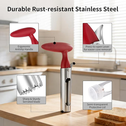 Apple Corer Tool, Apple Core Remover with Ergonomics Handle,Red | Stainless Steel Corer,Sharp Serrated Blades,Hand wash/Dishwasher