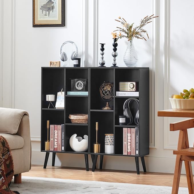 LEYAOYAO 5 Cube Bookshelf 3-Tier Bookcase with Legs,Mint Black Kids Book Shelf Cute Storage Organizer,Free Standing Open Toy Shelves Wood Bookshelves,Display Bookcases for Bedroom,Living Room,Nursery