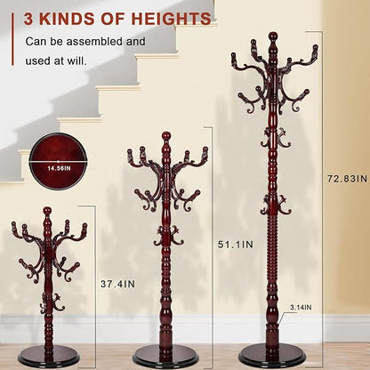 Wooden Coat rack freestanding, Coat racks stand with 14 Hook, Heavy duty coat tree standing 3 Adjustable Heights for Bedroom, Entryway, Hallway, Office,Stury Base (Redwood)