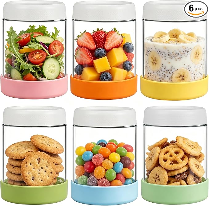 JohnBee 6-Pack 16 oz Glass Overnight Oats Containers with Airtight Lids and Silicone Sleeves - Wide Mouth Jars for Salad, Yogurt, pickles, Snacks, Spice & Sugar - Leakproof Glass Food Storage Jars