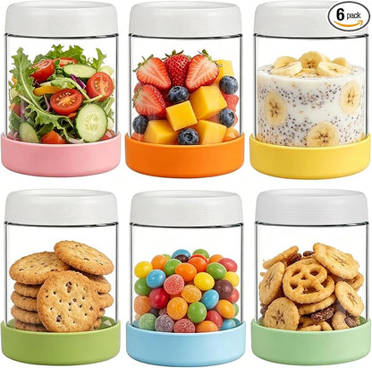 JohnBee 6-Pack 16 oz Glass Overnight Oats Containers with Airtight Lids and Silicone Sleeves - Wide Mouth Jars for Salad, Yogurt, pickles, Snacks, Spice & Sugar - Leakproof Glass Food Storage Jars