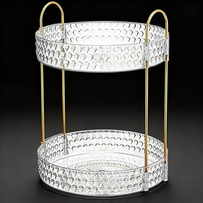 Gold Rotating Makeup Organizer for Vanity, 2-Tier Large Capacity Perfume & Skincare Organizer with Brush Holder, 360° Bathroom Countertop Organizer for Cosmetics, Jewelry & Hair Products