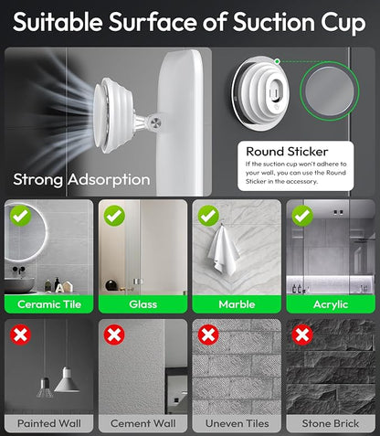 Lighted Shower Mirror Fogless for Shaving with Light, 5000mAh Heated Fogless Mirror for Shower, Detachable Razor Holder and Suction Cup for Wall, NO-Drilling, Waterproof for Bathroom (White)
