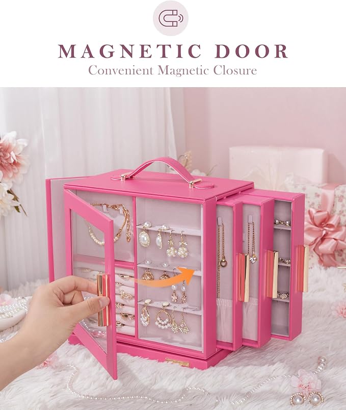 Homde Jewelry Box 360° Rotating, Necklace Earring Organizer with Transparent Window, Mirror, 7 Drawers, Large Ring Display Storage Case for Girls Women (Pink)