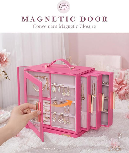 Homde Jewelry Box 360° Rotating, Necklace Earring Organizer with Transparent Window, Mirror, 7 Drawers, Large Ring Display Storage Case for Girls Women (Pink)