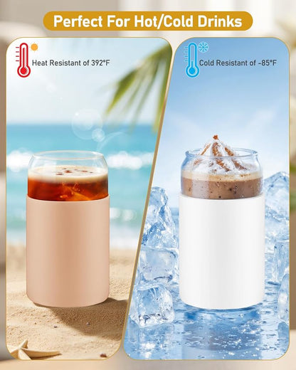 Glass Cups with Lids and Straws, 2 Pack 16OZ Iced Coffee Cups with Silicone Sleeve, Glass Tumbler with Straw and Bamboo Lid, Home Essential Drinking Set for Juice, Cocktail and Latte Black&Khaki