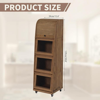 4 Tier Large Potato Storage Bin, Tall Wood Potato and Onion Storage Bin with Wheel, Movable Fruit and Vegetable Basket, Food Small Kitchen Pantry Cabinet, Wooden Bread Box, Walnut, Sliding Door