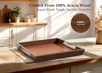 Large Ottoman Tray: 20" Square Acacia Wood Serving Tray with Metal Handles - Extra Large Decorative Tray for Coffee Table, Breakfast in Bed, Charcuterie, Living Room & Party