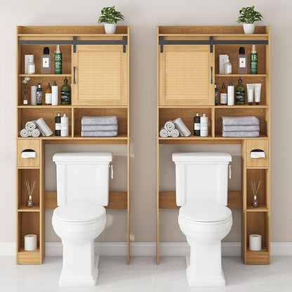 Over The Toilet Storage Cabinet, Farmhouse Rattan Storage Cabinet Over Toilet with Sliding Doors & Toilet Paper Holder Stand, Home Space-Saving Toilet Rack, for Bathroom, Laundry(Rattan Oak).