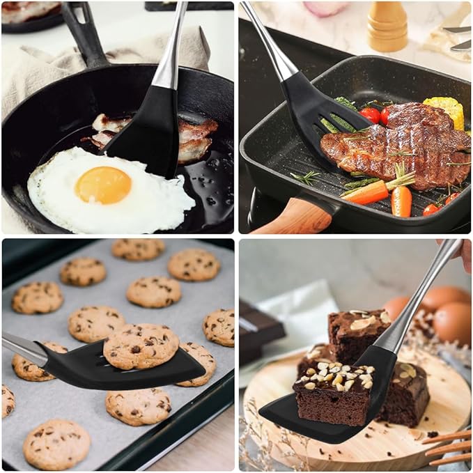 Heavy Duty Silicone Spatula Set, 2 Piece Heat Resistant BPA Free Cooking Spatulas with Stainless Steel Handle, Non Stick Silicone Turner for Pancakes, Eggs, Fish, Kitchen Cooking Utensils