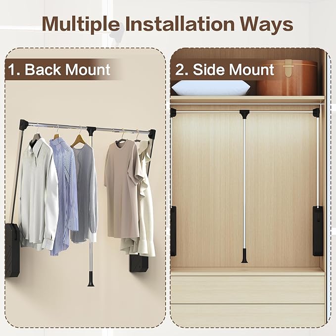 Pull Down Closet Rod - Adjustable 26-35 Inch Heavy Duty Hanging Rod with Soft-Close, Side & Back Mounted, 60 lbs Capacity for Closet & Wardrobe Organization