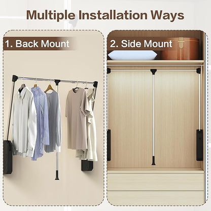Pull Down Closet Rod - Adjustable 26-35 Inch Heavy Duty Hanging Rod with Soft-Close, Side & Back Mounted, 60 lbs Capacity for Closet & Wardrobe Organization