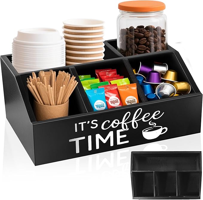 Coffee Station Organizer – Wooden Condiment Holder for Coffee Bar Accessories, Tea Bags, Pods, Stirrers – Rustic Countertop Storage Basket for Home & Office