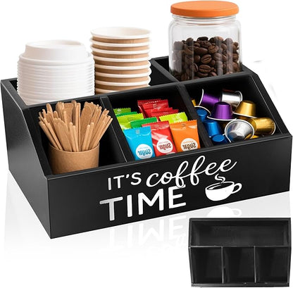 Coffee Station Organizer – Wooden Condiment Holder for Coffee Bar Accessories, Tea Bags, Pods, Stirrers – Rustic Countertop Storage Basket for Home & Office