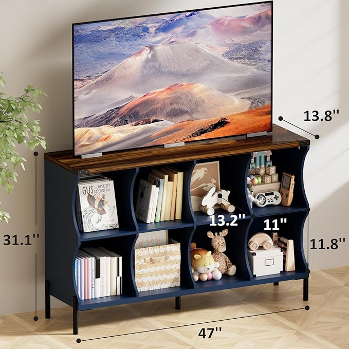 8 Cube Book Shelf, Low and Short Bookshelf, Long Cube Storage Organizer Wood TV Stand, Toy Organization DVD Cabinets for Living Room, Office, Bedroom, Dorm, Blue with Natural Top
