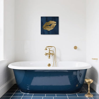 Navy Blue and Gold Wall Decor Fashion Lip Canvas Wall Art Glam Lip Poster Sexy Painting Designer Picture for Bedroom Bathroom Makeup Room Decoration 12x12Inch