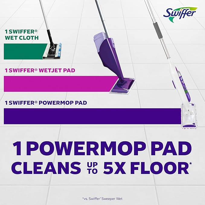 Swiffer PowerMop Mopping Kit for Floor Cleaning, Set Includes 1 Power Mop, 2 Replacement Pads, 1 Liquid Solution Refill, 2 Batteries, No Bucket Needed Electric Spray Cleaner, Multi-Surface and Wood