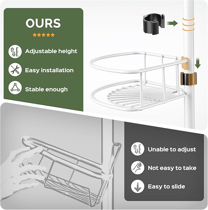 HAMITOR Corner Shower Caddy Tension Pole: Rustproof Bathroom Organizer Shelves for Bathtub Shampoo Accessories Storage Holder - 47-121 Inch Adjust - White