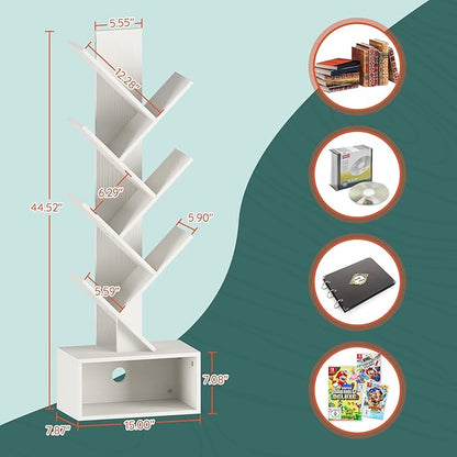 Yoobure Tree Bookshelf, 6 Tier Small Book Shelf Retro Floor Standing Bookcase, Wood Book Storage Organizer Rack, Tall Narrow Bookshelves for Corner/Bedroom/Living Room/Home Office, White