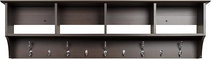 Prepac 60" Contemporary Wall Mounted Coat Rack, Coat Hooks Wall Mount with 4 Shelves, Ideal for Hallway or Entryway Hanging Solution, 11.5"D x 60"W x 16.5"H, Espresso