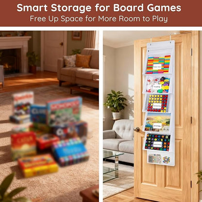ANROYE Board Game Storage Organizer, Over-Door Hanging Bags with 5 Removable Zippered Pockets, Card Slots for Craft & Art Supplies, Puzzles, Magazines, Scrapbook, Office Projects, Hobbies