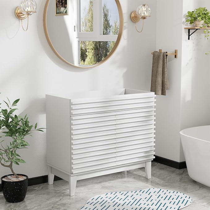 ROOMTEC 36" Bathroom Vanity, Mid-Century Freestanding Bathroom Vanity Cabinet with Storage, Particleboard Frame with Wood Grain Laminate, White(Sink Basin Not Included)